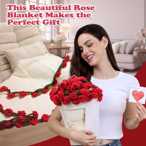 Rose Crochet Flower Bouquet Blanket, Handmade Knitted Throw Blanket | Christmas, Valentines, Mothers Day, Birthday, Anniversary Unique Red Rose Bouquet Gifts for Mom Wife Girlfriend, 43 Inch - color: White, size: Medium
