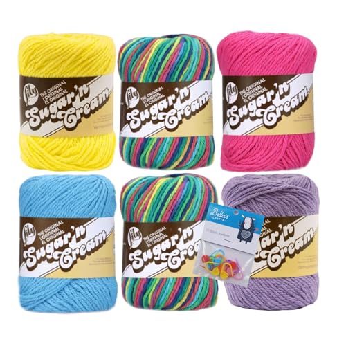 Lily Sugar'n Cream 100% Cotton Yarn 6-Pack Bundle with Bella's Crafts Stitch Markers (Psychadelic Mix) - color: Psychadelic Mix