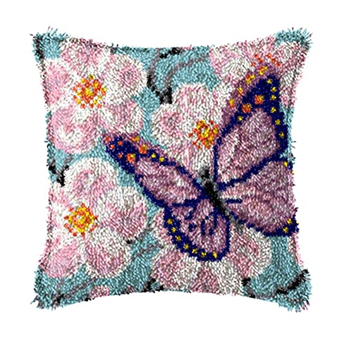 Ylkgogo Latch Hook Pillow Kits DIY Throw Pillow Cover Printed Canvas Needlework Crafts for Beginners and Adults 17" X 17"(Butterfly) - color: Butterfly