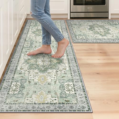 GENIMO Kitchen Rugs Set of 2, Washable Non Slip Cushioned Mats for Floor | 20"x32"&20"x59", Green vintage boho rug, soft faux cashmere, low pile, easy-clean for laundry, entryway, sink, farmhouse - color: Light Green, size: 20"x32"+20"x59"