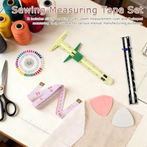 7 Pcs Sewing Gauge Measuring Tool, 5-in-1 T Sliding Gauge Ruler Seam Gauge | Fabric Quilting Ruler with 2 Tape and Sewing Pins, Sewing Measuring Tool for Seaming Hemming Knitting Crafting