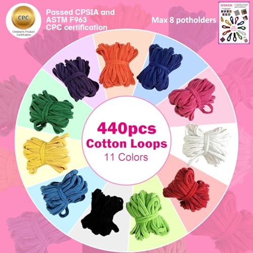 OYACH 10inch Cotton Potholder Weaving Loom Refill Loops,440 Potholder Loops | 11 Colors Rainbow Cotton Pot Holder Loops Bands Pack, With Rings Hook for DIY Crafts, Makes 8 Potholders, Loom not Included - color: 10” Cotton Loop