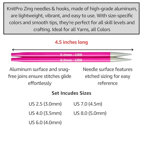 KnitPro Zing Starter 5-Inch Interchangeable Circular Knitting Needle Set | US 2.5, 4, 6, 7, 8 Incl. 2 Memory-Free Cables, 4 Caps, 2 Keys, Fabric Case & Project Bag