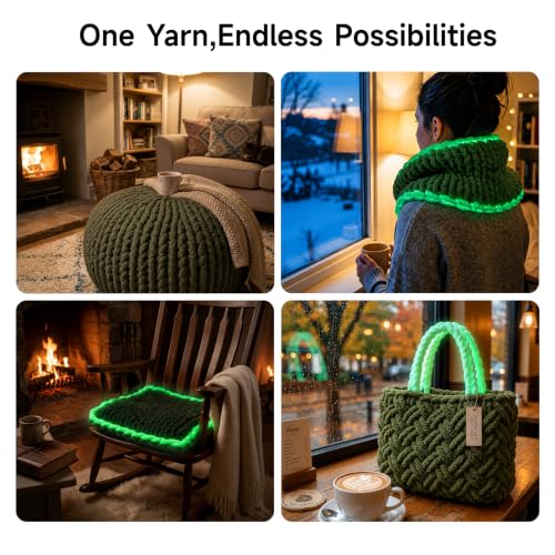 8 Pack Chunky Chenille Yarn for Hand Knitting, Glow in The Dark, Green | 8-pack jumbo chenille yarn with 1 glow-in-the-dark skein! Ultra-soft, fast to hand knit & perfect for DIY cozy gifts - color: Olive Green