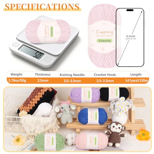 Coopay Skinny Chenille Yarn, Soft Yarn for Crochet & Knitting, Lotus | Crochet Yarn Set - 600g Total, Soft Velvet Yarn for Colorful Crafts, Blankets, Plush Dolls, Decorative Handmade Works - color: Light Lotus, size: #2 Thin