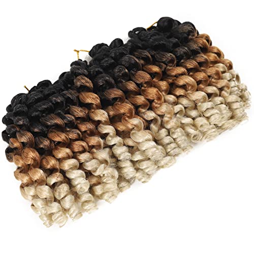 Jamaican Bounce Crochet Hair Extensions 8 inch Ringlet Wand Curl Crochet Hair 3 Tone Blonde Ombre Curly Crochet Braids Grey Crochet Braiding Hair 60 Roots - color: T1/27/613, size: 8 Inch (Pack of 3)