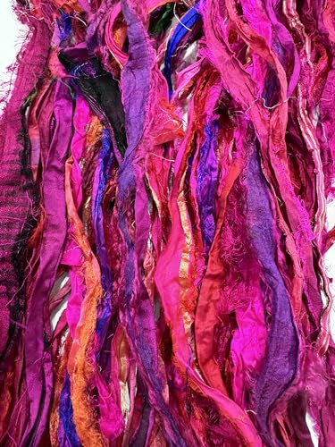 Maker's Craft Recycled Fuzzy Fringes Sari Silk Ribbon Yarn 35yards, 100Grams for DIY Knitting Crocheting Gift Wrapping, Christmas Decoration, Macrame Makers, Jewelry Making, Rugs Hooking (Magenta) - color: Magenta