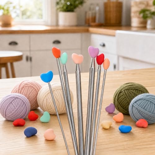 FairChic 20Pcs Heart Knitting Needle Stoppers, Rainbow-Colored Silicone Knitting Needle Point Protectors, Knitting Accessories Fit for US 2 ~ US 11 (2.75mm ~ 8mm), 10 Colors
