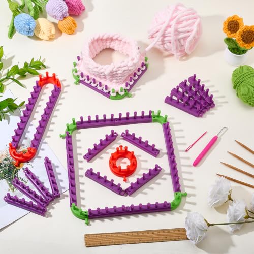 OLYCRAFT 2 Pack DIY Knitting Loom Set Adjustable Chunky Blanket Loom Weave Loom Craft Yarn Kit DIY Tool Crochet Hook with Sewing Needle for DIY Socks Hats Blankets Beginner Friendly Yarn Craft