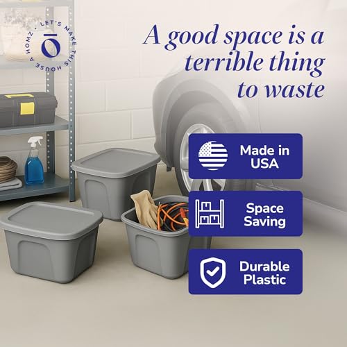 HOMZ 4-Pack Durable Molded Bin, Plastic Storage Containers w/Lids, 10 Gallon, Silver - Stackable Organizer Totes and Boxes for Bedroom, Kitchen, and Garage Organization - color: Titanium Silver, size: 10 Gallon (4 Pack)