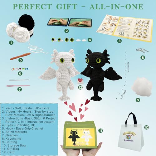 LuNuaFvy Crochet Kit for Beginner Adult/Teen/Kid 9+ - Learn to Crochet Animal Amigurumi Dragon Set with Left/Right-Handed 4hr Video, 3-Format Guides, Gift-Ready Packaging, Soft Yarn & Storage Bag - color: Dragon-Black-white