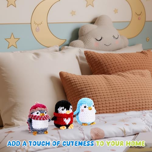 XunYee 3 Pcs Little Penguins Crochet Kit DIY Amigurumi Set Chenille Yarn Crochet Kit for Beginners with Complete Tools Step-by-Step Pattern Craft Gift for Adults - style: Penguin