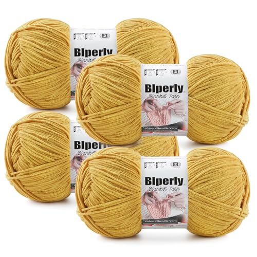 Skinny Chenille Yarn for Crocheting #2 Yellow Soft Baby Blanket Fluffy Yarn | 4 Pack of 314 Yds, 3.5 Oz Sport Fingering Weight Fine Yarn, Plush Thin Velvet Yarn for knitting Blankets, Amigurumi Yarns - color: Turmeric