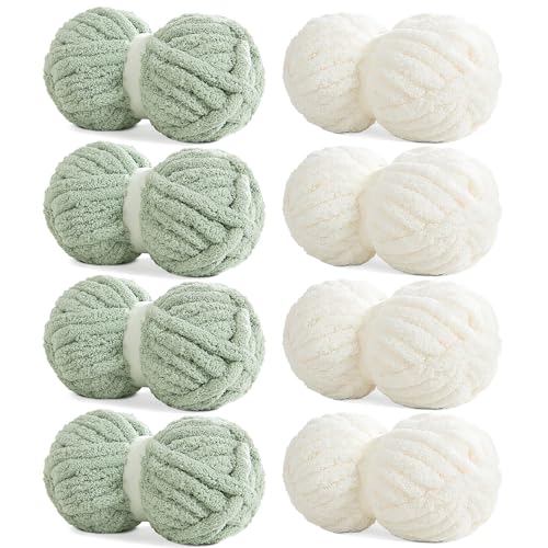 HOMBYS 4 Cream+4 Sage Green Chunky Chenille Yarn for Hand Knitting,Fluffy Soft Jumbo Yarn Crocheting,Super Bulky Big Yarn for Chunky Blanket,Large Thick Arm Knitting Yarn,8 Pack Plush Yarn - color: 4 Cream+4 Sage Green