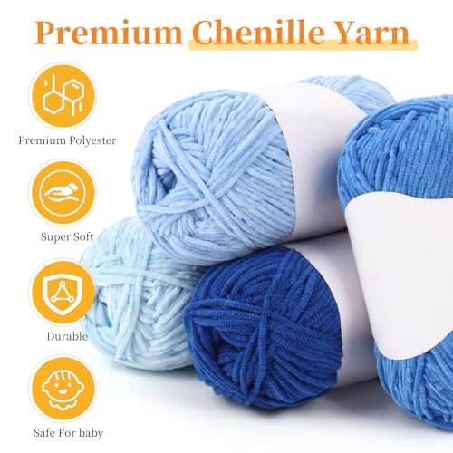 Coopay Skinny Chenille Yarn for Crocheting & Knitting, Blue Gradient | Crochet Yarn Set - 600g Total, Velvet Yarn for Colorful Crafts, Blankets, Plush Dolls, Decorative Handmade Works - color: Blue Tones, size: #2 Thin