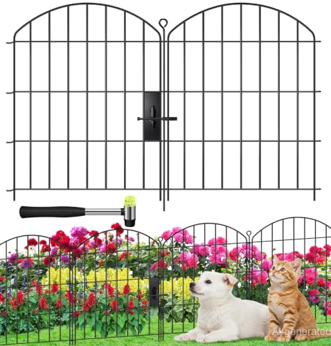 Decorative Garden Fence with gate 24in (H) x16ft (L),Arched Metal No Dig | Small Fence for Dogs & Rabbit,Ornamental Animal Barrier for Flower Beds,Border Panels Fencing for Yard & Patio Outdoor Decor - size: 10 Panels-24in(H) x 16ft(L) with Gate
