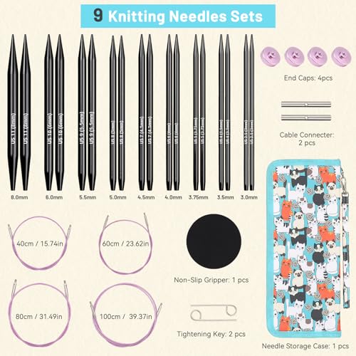 Aeelike 9 Pair Interchangeable Knitting Circular Needles Set 3-8.0mm, Black | Aluminum Interchangeable Knitting Needles with 4 Cables, Smooth Complete Needles Set for Socks Blankets Sweaters, Ideal Gift - color: Black