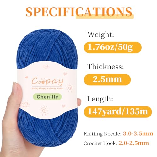 Coopay Skinny Chenille Yarn for Crocheting & Knitting, Blue Gradient | Crochet Yarn Set - 600g Total, Velvet Yarn for Colorful Crafts, Blankets, Plush Dolls, Decorative Handmade Works - color: Blue Tones, size: #2 Thin