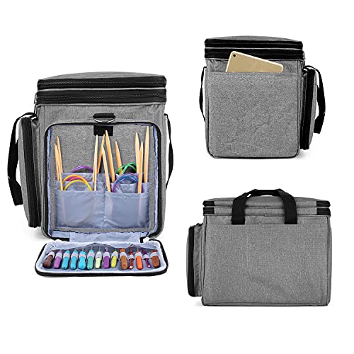 LUXJA Portable Yarn Knitting Storage Tote Bag,Gray | Fits Knitting/Circular Needles Up to 14 Inches, Yarn Bag With Cover & Shoulder Strap for Crochet Hooks & Craft Accessories - color: Gray
