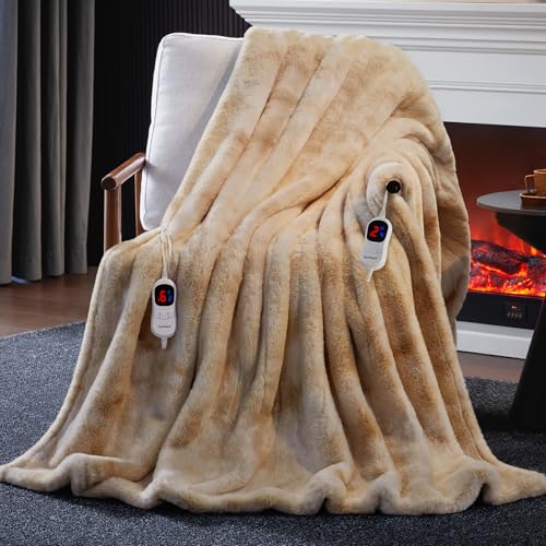 Guohaoi Heated Blanket, Soft Faux Rabbit Fur Electric Throw, 90"×100" | Electric Blanket with 10 Heating Levels 5 Setting Timer Auto Off, Cozy Warm Heating Blankets, Machine Washable, Brown - color: Beige, size: 90''*100''