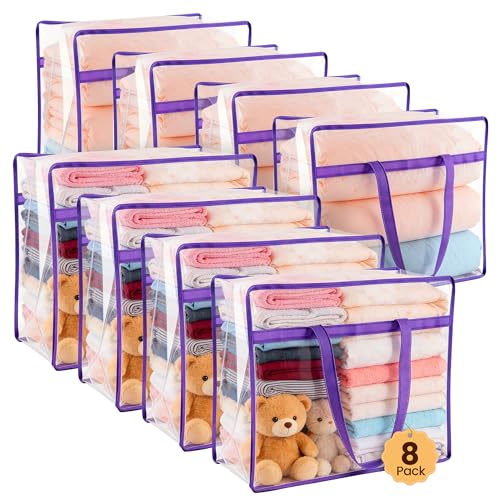8 Pack 40L Clear Storage Bags with Zipper Large Opening for Loading | Purple Storage Bag for Blankets and Clothes, Large Capacity Closet Organizers and Storage for Dormitory, Bedroom - size: 8 PACK