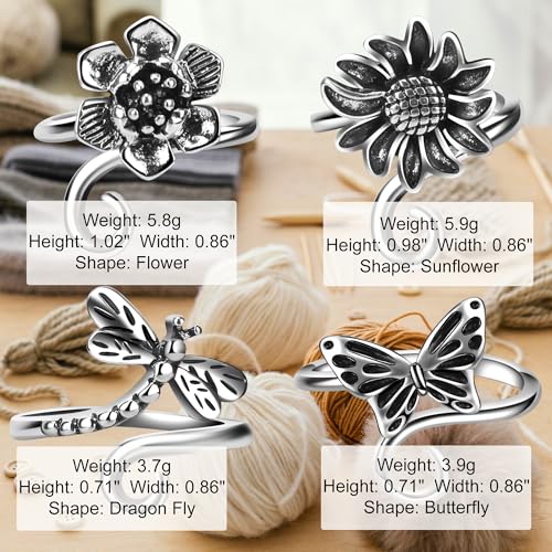 4 PCS Crochet Rings for Fingers Butterfly Flower Sunflower Dragonfly Yarn Tension Ring Knitting Accessories Crochet Gifts for Crocheters - color: Butterfly & Flower Crochet Rings Set