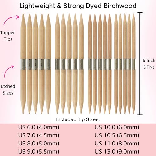 Lykke Naturale Large 6-inch DPN Knitting Needles Set | Large US 6, 7, 8, 9, 10, 10.5, 11, 13 Beige Case, Birchwood Semi-Sharp Tips, Project Bag - color: Naturale-with-Beige-Case