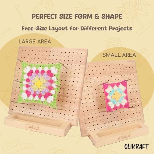 Olikraft Granny Square Blocking Board (9.5 Inch, 15 Pins, Stand) | Durable rubberwood build, evenly spaced 0.5 inch holes for perfect tension, secure hold from rust-resistant stainless steel - size: 9.5 inches, style: Standard - 15 pins