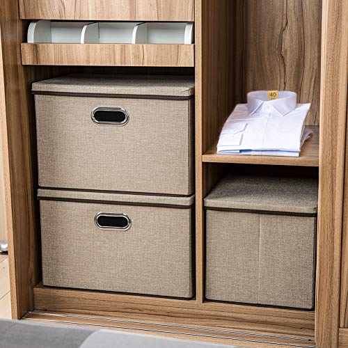 PRANDOM Large Collapsible Storage Bins with Lids [1-Pack] Jute Fabric Foldable Storage Boxes Organizer Containers Baskets Cube with Cover for Home Bedroom Closet Office Nursery (17.7x11.8x11.8) - color: Khaki, size: L(1-Pack)