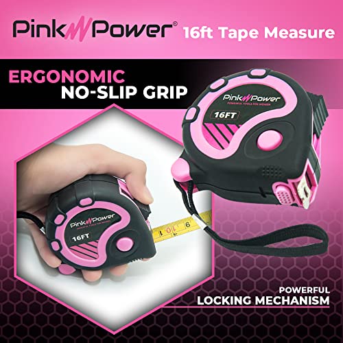 Pink Power 16ft Pink Tape Measure for Women's Tool Kit | Measuring Tape With Retractable Blade And Lock Button, Girls Measuring Kit, Lightweight Measurement Tool, Pink 16 ft. - color: Pink, size: 16 ft