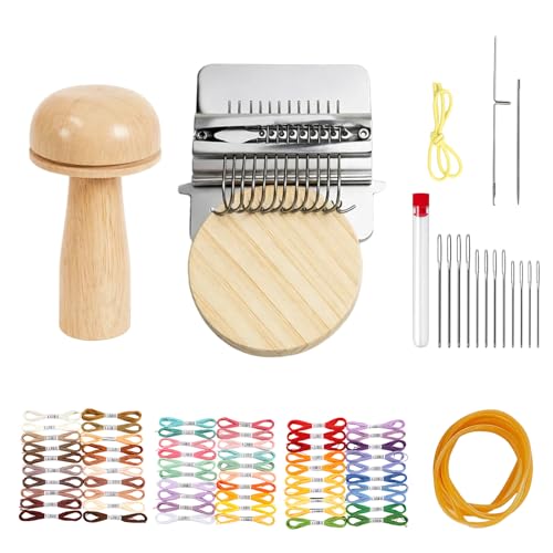 Dovbuqu Mini Darning Loom Kit, Mushroom Knit Patch Set with 14 Hooks and 60 Color Threads, DIY Weaving Repair Tool for Mending Socks, Sweaters, and Creating Decorative Stitches