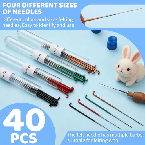 OEHPICC 40 Pcs Needle Felting Needles Set, with 4 Color-Coding Gauges | 36/38/40/42 Gauge with Wooden Handle Felting Needles for Beginners DIY Projects - color: 40 Pcs