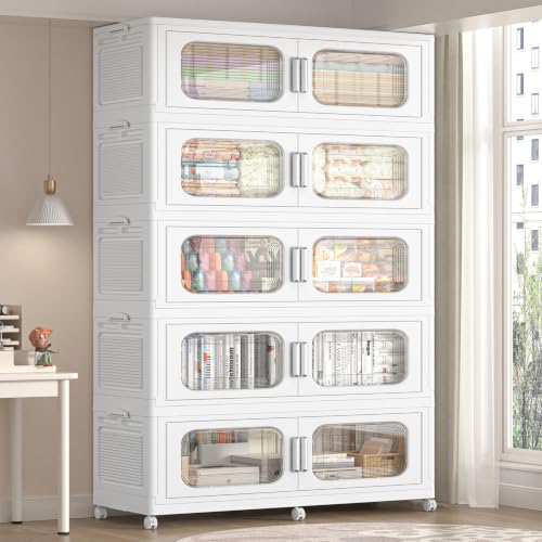 250Gal Extra Large Stackable Storage Bins with Wheels & Lid & Doors, 200QT/50GAL 5-Tiers Collapsible Plastic Drawers Containers Closet Organizers Boxes for Home Kitchen Bedroom, White - color: White, size: 50Gal-5Pack