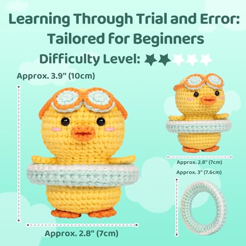 Mewaii Summer Duck Crochet Kit for Beginners, 40% Extra Yarn | Video Tutorial, Pre-Started Piece, Gift Box, Level 1 Starter Kit, Family Craft for Adults, Kids & Beginners - color: Blue and Yellow