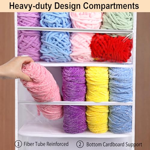 Hanging Yarn Storage Organizer - 6 Tiers Over the Door Yarn Crochet Organizer Shelves with 3 Top Knitting Needle Pockets, Large Capacity Clear Yarn ball Holder for Knitting Supplies