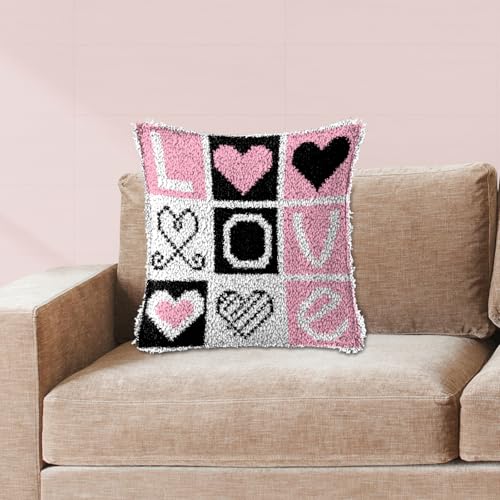 ZFFLYH Love Latch Hook Pillow Kits for Adults Beginners Pre-Printed Cushion | Home Sofa Cushion Cover Preprinted Canvas Crochet Yarn Kits Needlework Crafts Festival Gift for Adults Beginner 17X17 Inch - color: LOVE