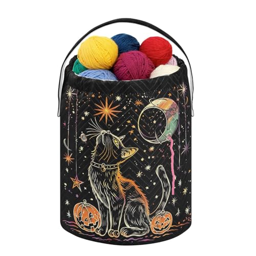 Fustylead Halloween Black Cat and Stars Moon Pumpkin Crochet Drawstring Organizer, Large Yarn Bag Storage Tote Basket for Crocheting On The Go, Kit Holder, Gift for Knitter, Crochet Beginner - color: Black05 Halloween Black Cat