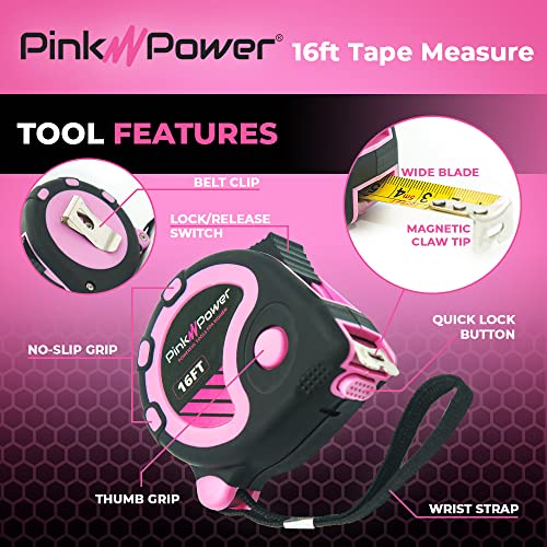 Pink Power 16ft Pink Tape Measure for Women's Tool Kit | Measuring Tape With Retractable Blade And Lock Button, Girls Measuring Kit, Lightweight Measurement Tool, Pink 16 ft. - color: Pink, size: 16 ft