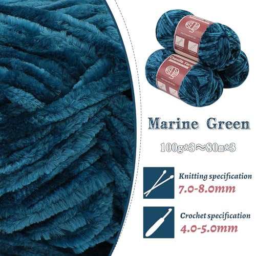 LUNARM Chenille Yarn 3 Pack 3.5oz Chunky Blanket Velvet Yarn 263 Yard | Marine Green Chunky Chenille Yarn for Beginners Crocheting Hand Knitting Scarves with Big Eye Needles Machine Washable - color: Marine Green