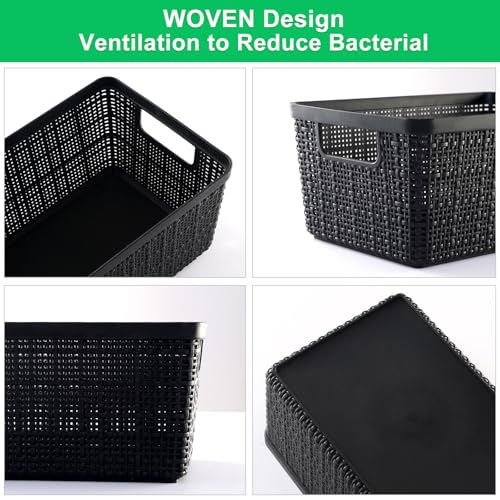 6 Pack Plastic Storage Baskets with Lid,Black Stackable Bins | Durable Woven Plastic With handle Breathable,Save space ,For Organizing Desktops, Closets, Playrooms, Classrooms, Offices - color: Black