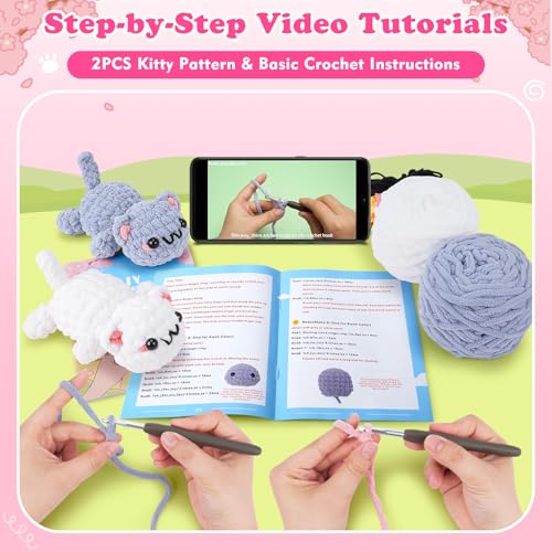 2PCS Kitty Crochet Kit for Beginners Cats Crochet Starter Kit for Adults | Crochet Kit with Step-by-Step Video Tutorials, Learn to Crochet, Beginner Crocheting Kit Easy Peasy Yarn Gifts for Birthday - color: Gray White Cat