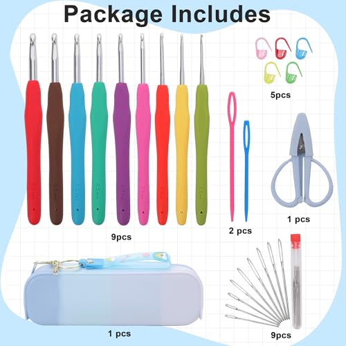 Crochetbox Crochet Hooks Set, 9 Size 2mm(B)-6mm(J) Ergonomic Handles Crochet Hooks with Case for Arthritic Hands, Kintting Needle with Crocheting Tool for Crocheters - size: 9 Size(2~6mm)(blue case)
