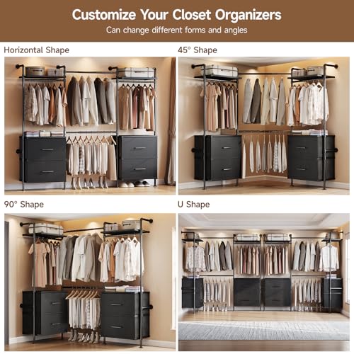 ONBRILL T4 Wall Mounted Closet System with 4 Large Drawers & 4 Hanging Rods | Adjustable from 4'4'' to 5'9'', Industrial Pipe Clothing Rack with 4 Hanging Rods, Heavy Duty Closet Organizer System, Black - color: Black