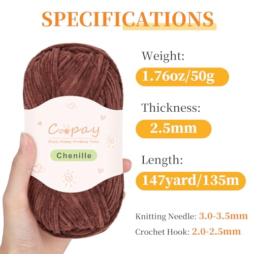 Coopay Thin Chenille Yarn for Crocheting & Knitting, Brown Gradient | Crochet Yarn Set - 600g Total, Velvet Yarn for Colorful Crafts, Blankets, Plush Dolls, Decorative Handmade Works - color: Brown Tones, size: #2 Thin