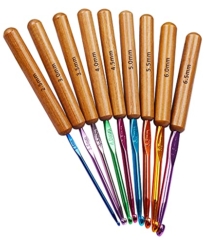 Coopay Bamboo Crochet Hooks Comfort Grip, Longer Aluminum Crochet Needles | 6.7" 9pcs 2.5mm-6.5mm Ergonomic Crochets Hook for Arthritic Hands & Beginnner Crocheting Blanket Shawls, Ideal Crochet Tool