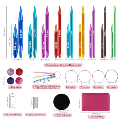 Hobekoee Short Interchangeable Knitting Needles Set | 9 Pairs Square Circular Knitting Needles with Case ,Cubic Metal Knitting Needle,3.5mm-8.0mm - color: Red