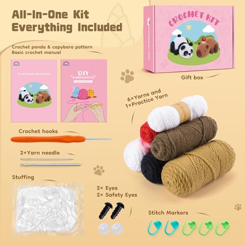 Crochet Kit for Beginners, Panda & Capybara Crochet Animal Kits | Easy Crochet Kit for Adults, Complete Knitting Kit w/ Step-by-Step Video Tutorials, Crochet Gifts - color: White and Brown