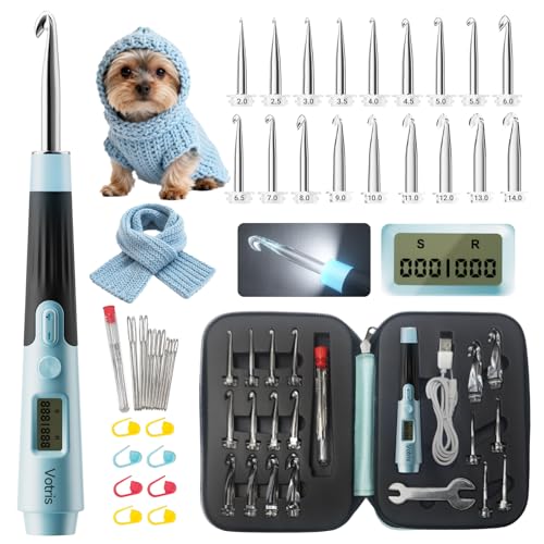 Votris 18 in 1 Counting Crochet Hooks, Light up Crochet Hook Set | Digital Stitch Counter 2.0-14.0mm, Rechargeable & Interchangeable Heads Lighted Crochet Hook, Ergonomic Handles for Beginner - color: Mint Green with Counter