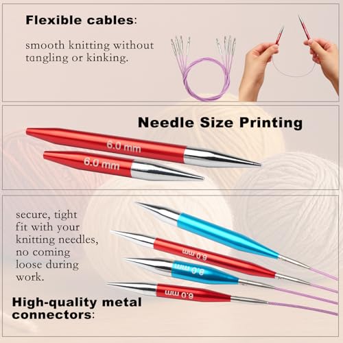 Svartur Asymmetrical Interchangeable Circular Knitting Needles, with Assorted Circular Knitting Needles and 4 Cables, Accessories and Case, 12 Pairs - color: Multicolored-Asymmetrical-12 Pairs