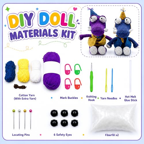 Crochet Kit for Beginners, DIY Crochet Amigurumi Craft Kit (Purple+Blue) | Easy Crochet & Knitting Starter Set with Cotton Yarn & Step-by-Step Instructions, Learn to Crochet Kits for Adults Beginner - color: Purple-blue Crocodile